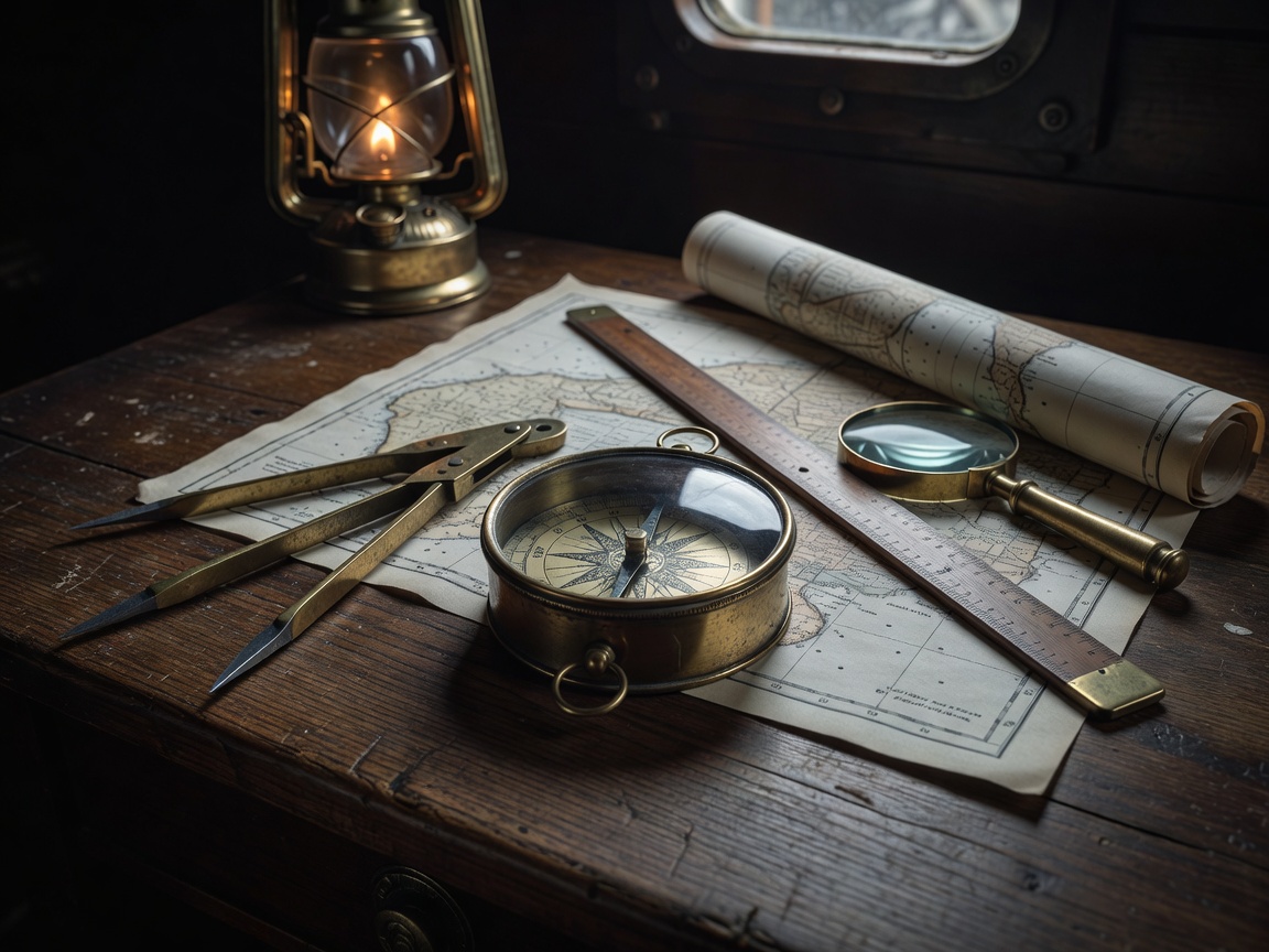 Brass maritime compass and chart plotting tools on a navigation table