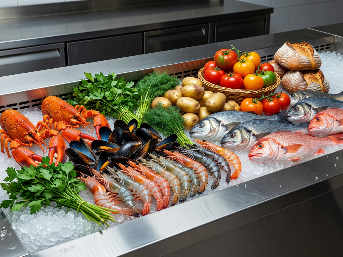 Chilled seafood and premium fresh kitchen provisions arranged on an inspection stainless counter