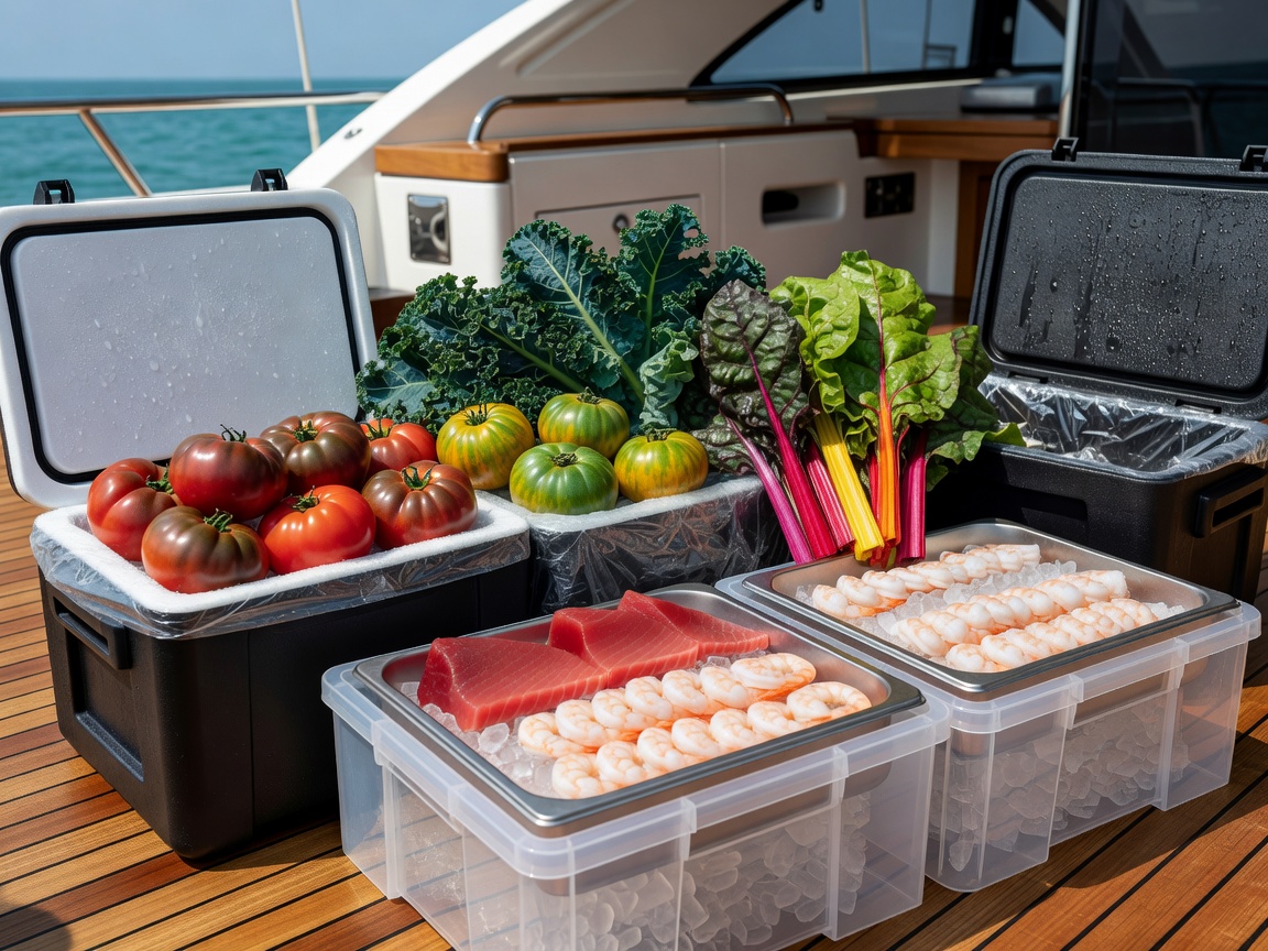 Fresh heirloom vegetables and chilled proteins packaged for yacht delivery