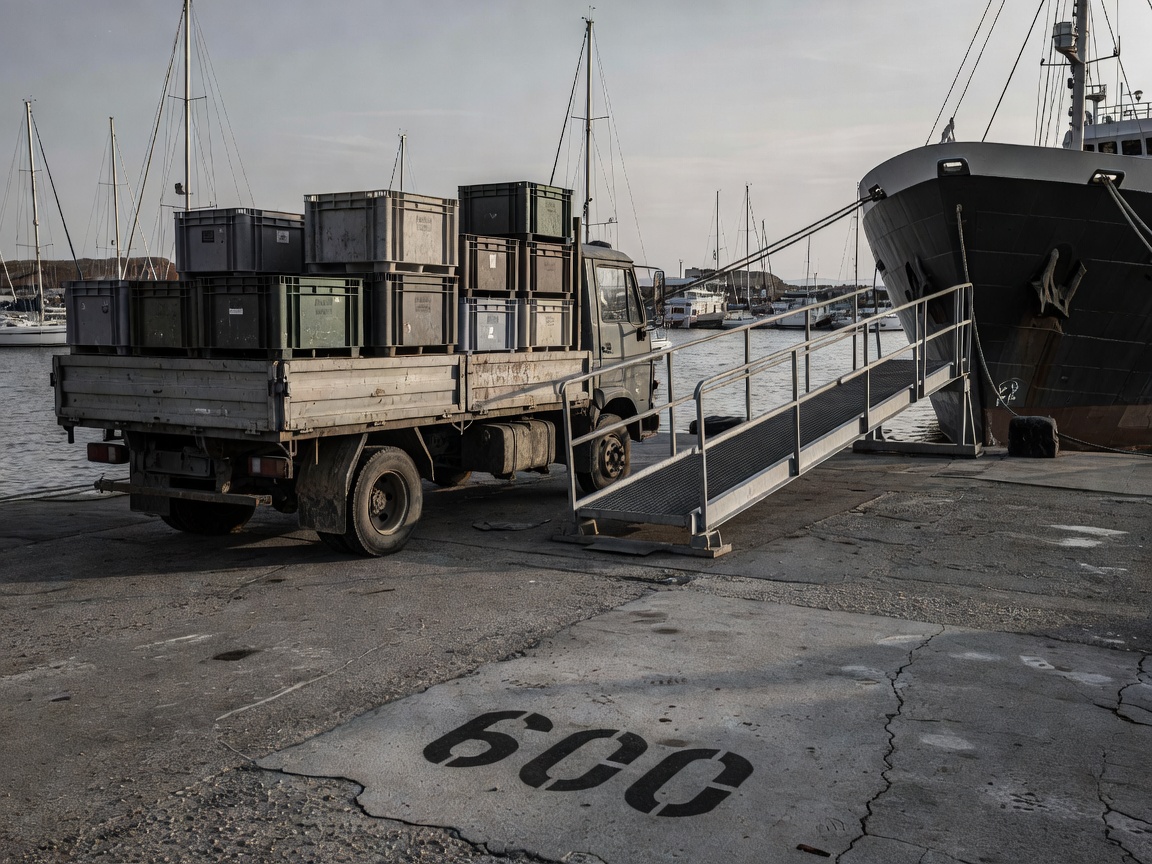 Harbour marina quayside with supply vehicle and logistics crates near the gangway