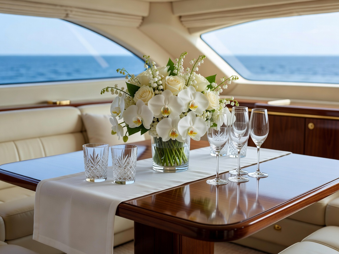 Immaculate luxury yacht salon table arrangement with fresh flowers and beverage crystal