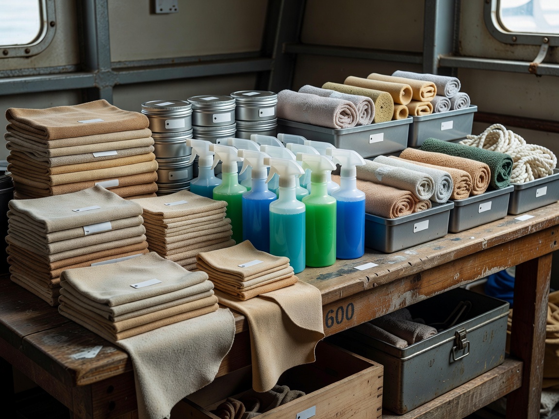 Organized maritime maintenance supplies, chamois leathers, and marine cleaning consumables
