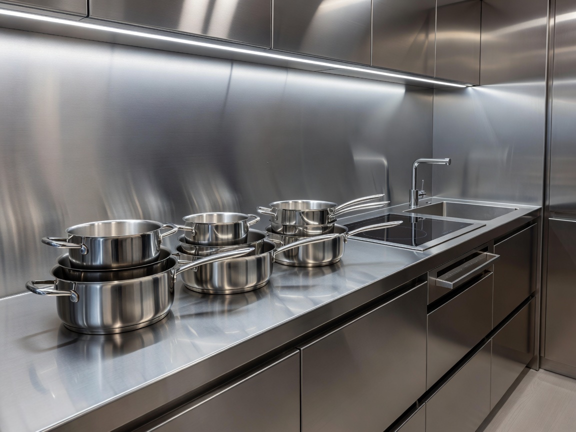 Professional yacht galley stainless steel prep line with nested modular pots and pans