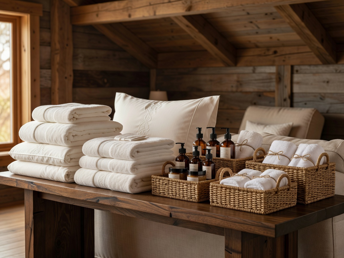 Refined luxury cabin amenities, guest linens, and hospitality baskets arranged neatly