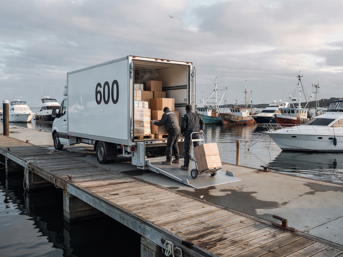 Refrigerated logistics van unloading goods alongside a marina gangway