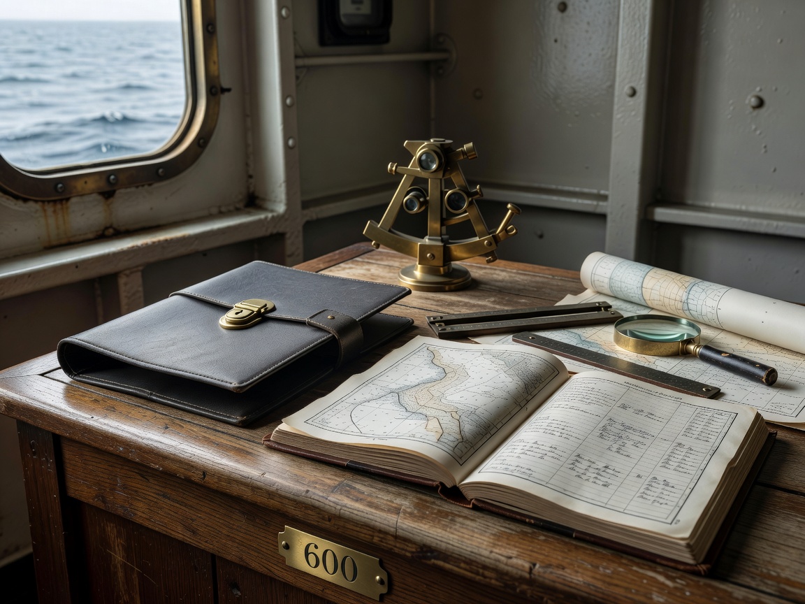 Secure data folder and maritime administrative ledger on navigation desk