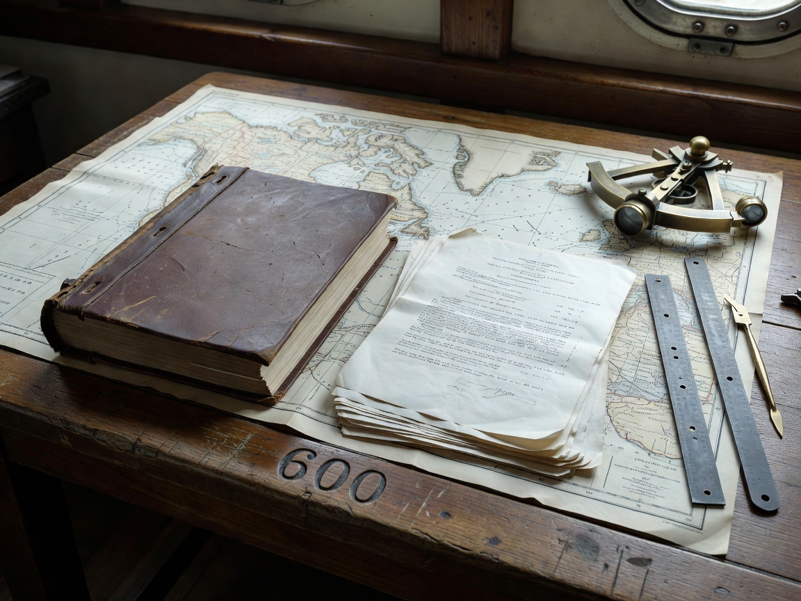Ship manifest binder and legal documentation resting on navigation chart table