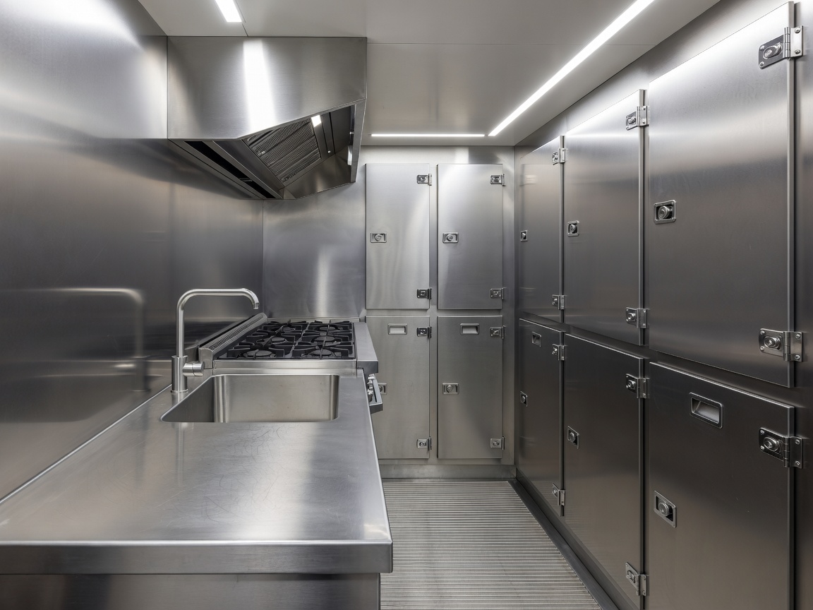 Stainless steel commercial yacht galley preparation station and storage lockers