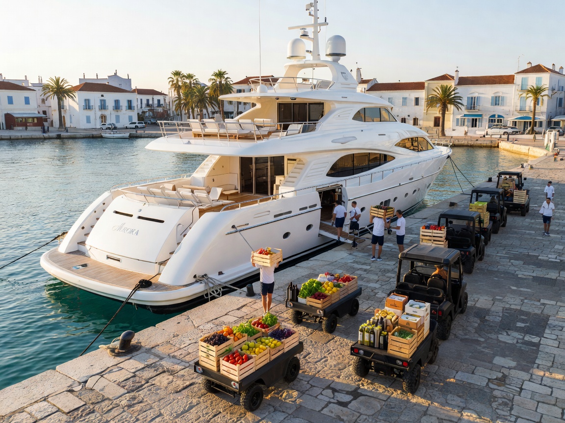 Superyacht moored along a Mediterranean quay during scheduled morning dockside provisioning