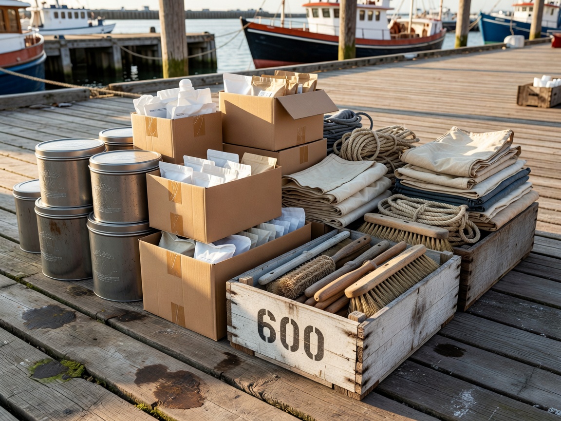 Teak-safe cleaning supplies, laundry consumables and ship essentials on dock